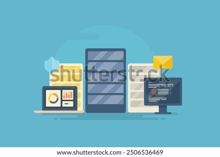 Web hosting company, Website hosing on dedicated servers, Shared server, Server security, Email hosting - vector illustration background with icons