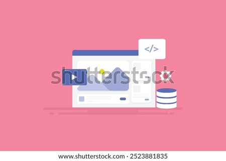 CMS driven website, Website database connected CMS, Add, Edit, Delete content through content management system - vector illustration concept with icons