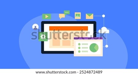 Managing email, CRM, content through cloud computing system, Cloud computing for business solution, Cloud based data management software - vector illustration background with icons