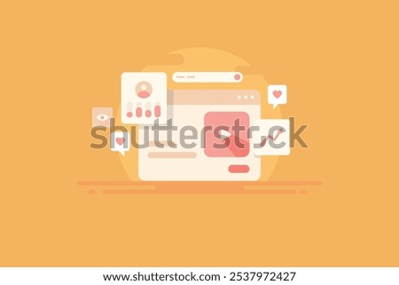 Social media marketing analytics, Content performance analysis, Audience engagement, Content views, like, shares, social media driving traffic - vector illustration background with icons