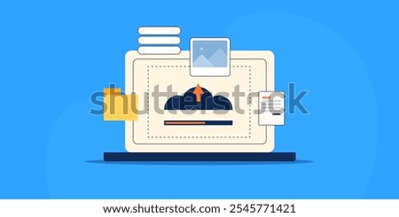 Online cloud storage, Cloud web hosting, Secure cloud server. uploading data to cloud storage - vector illustration background with icons