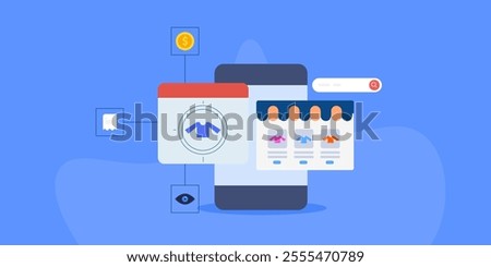 Visual product search, Similar product search on search engine, Mobile app searching visually similar products - vector illustration with icons