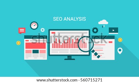 Seo analysis, website analysis flat banner concept, website optimization, data research, icons flat vector illustration