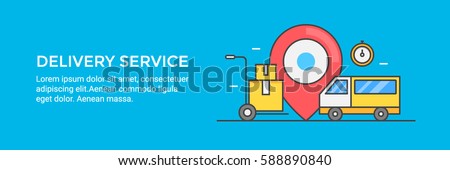 Delivery service, delivery van, boxes, and supplies, delivery on time flat vector banner isolated on blue background