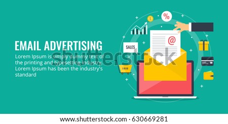 Email advertising campaign, e-marketing, reaching target audience with emails flat vector concept with icons