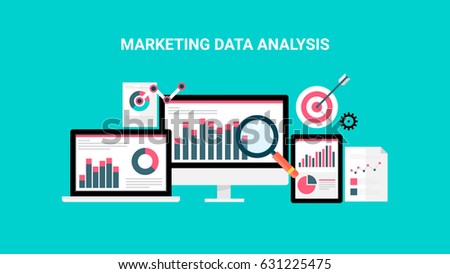 Market analysis, web data analytics software, data research flat vector concept with icons isolated on green background