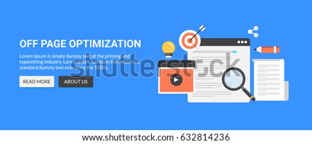 Flat concept Off-page optimization, website promotion, off-page SEO vector banner with icons isolated on blue background