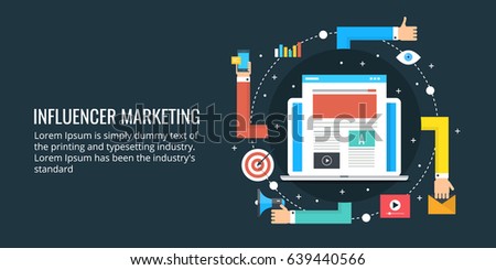 Concept for Influencer marketing, brand identity creation, social media, vector banner isolated on dark background