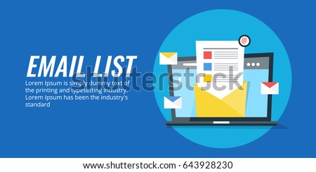 Concept for email list, mailing list, contact list flat vector banner with icons isolated on blue background