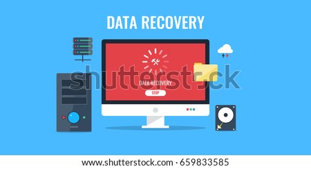 Data recovery, data backup, restoration and security flat design vector with icons