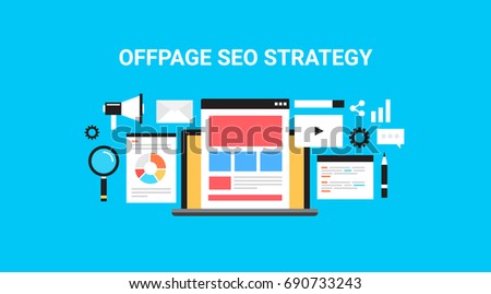 Off-page optimization, Seo marketing, digital content, marketing strategy business, flat vector banner illustration with marketing icons on blue background