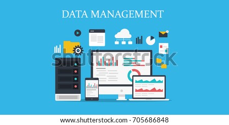 Data management, Data center, Protection, Storage, digital privacy, network server flat vector illustration with icons isolated on blue background