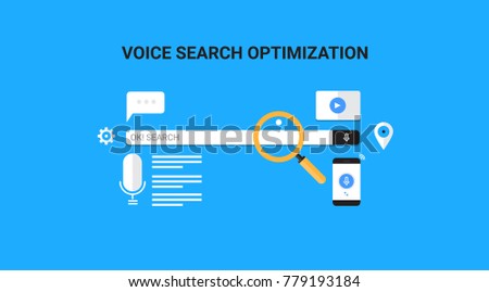Search by Voice, Voice search optimization flat vector banner illustration with icons