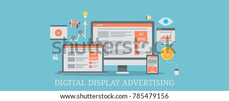 Digital display advertising, Internet marketing, Cross-device marketing flat vector banner with icons