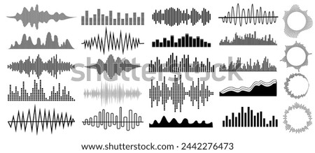 Set Sound vibration waves in different shapes set isolated elements set of vibration and waving lines Vector illustration.