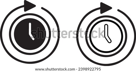 Black Clock with arrow icon. Time symbol. Clockwise rotation icon arrow and time. 