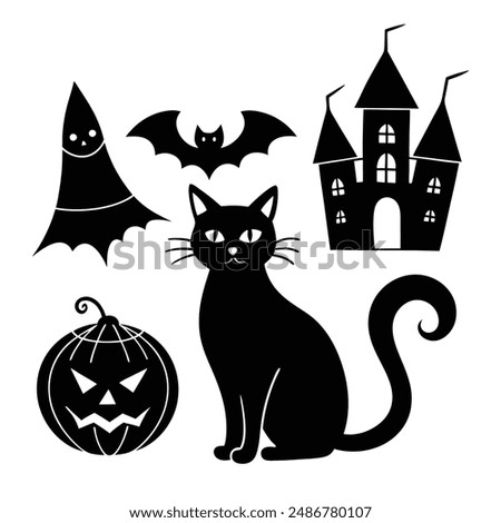 Vintage Halloween Elements Icon Bundle - Retro Black Cats Silhouette Art Illustration Set