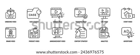 Video Marketing Line Icon Set: Unboxing, Case, Studies, Teaser, Brand,  Product, Strategy. Editable Stroke.