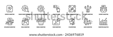 Digital Marketing Line Icon Set: Affiliate, Chatbot, Influencer, Email, VR, Video. Strategy, Editable Stroke.