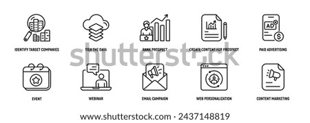 Account-based Marketing icon Line Icon Set, Editable Stroke. Identify, Target, Companies, Tier, Data, Webinar, Rank, Strategy.