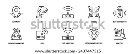 Proximity Marketing icon Line Icon Set, Editable Stroke. Geofencing, NFC, QR Code, Bluetooth Beacon, Proximity, RFID, Strategy.

