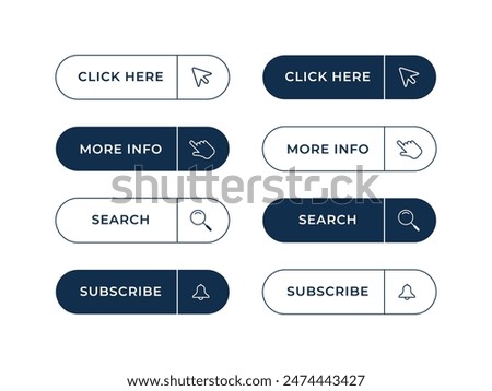 Collection of action buttons. Press here button with the Click cursor. Hand cursor and arrow pointing to link buttons. Add to cart, buy now buttons. Search button. Subscribe button. More info button.