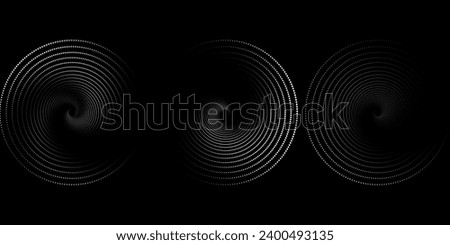 Halftone circular dotted frames set. Circle dots texture isolated on white background. Spotted spray texture. Vector abstract design element spiral circle sound wave vector logo 