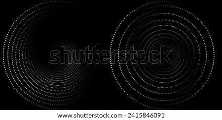 Halftone circular dotted frames set. Circle dots texture isolated on white background. Spotted spray texture. Vector abstract design element spiral circle sound wave vector logo modern black and white