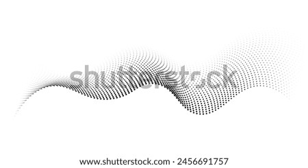 Flowing dots particles wave pattern 3D curve halftone black gradient curve shape isolated on white background. Vector in concept of technology, science, music, modern vector wave