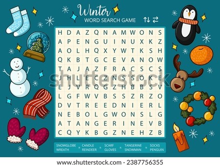 Winter word search puzzle game with cute cartoon drawings worksheet. Printable family activity for holiday Christmas season. Educational game for children and adults, learning English vocabulary