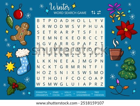 Winter word search puzzle game with cute cartoon drawings worksheet. Printable family activity for holiday Christmas season. Educational game for children and adults, learning English vocabulary