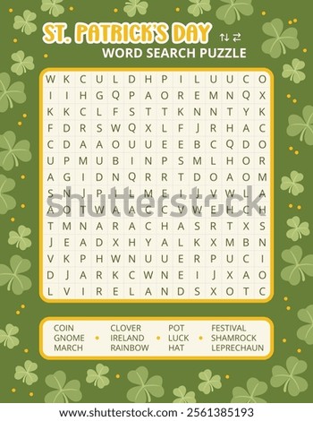 St Patrick's Day word search puzzle game on a shamrock background worksheet. Printable family activity for holiday. Educational game for children and adults, learning English vocabulary