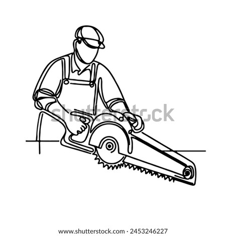 Continuous line drawing of saw. One line of saw for wood. man with a saw, simple drawing. Editable outline.
