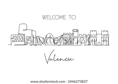Single continuous line drawing of Valencia city skyline, Spain. Famous skyscraper and landscape postcard. World travel wall decor poster print concept. Modern one line draw design vector illustration