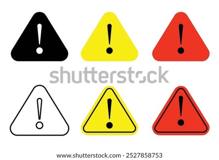 Attention Icon Set. Danger Caution or Alert Risk Warning Vector Symbol in a black filled and in colors style