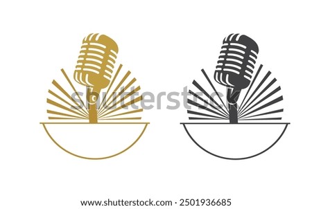 Podcast logo template. Mic microphone and sunrise illustration. Pro Vector