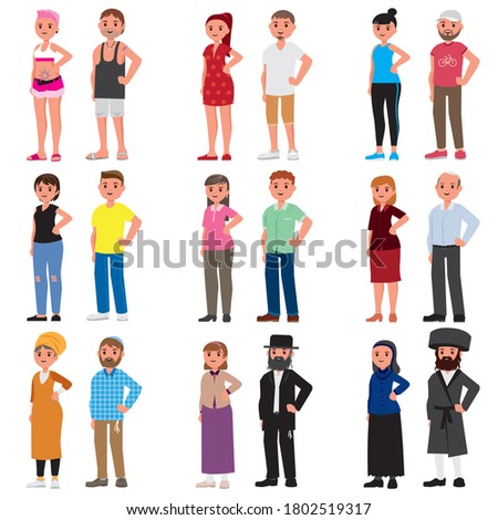 Set of  jewish Israeli couple men women standing in flat style. Israel people. Different kinds of Israelis. Vector illustration. Social concept.
