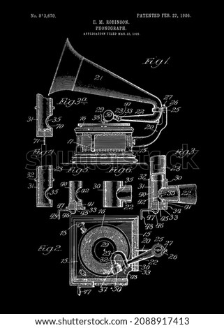 Phonograph Patent, The patent was issued by the United States Patent Office. Photo stock © 