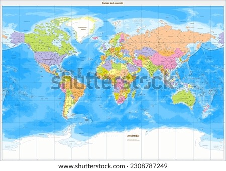 Detailed political world map Spanish language Miller projection