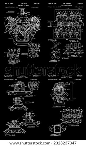Patent V8 Engine Poster Print, Muscle Car Art, Hemispherical, Engine Blueprint, Garage Workshop Art, Body Shop Art Black  White