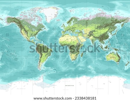 Detailed physical world map Miller projection