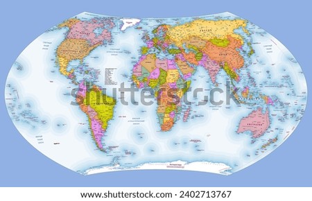 Russian language political world map Wagner VII projection