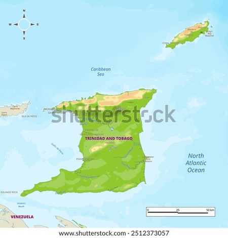 Trinidad and Tobago physical map with national borders, rivers and lakes, mountains, parks, labeling