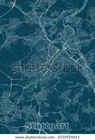 Map of Stuttgart, Germany, rendered in a minimalist style. The map is dominated by a deep blue background, with white lines representing roads, streets, and waterways.