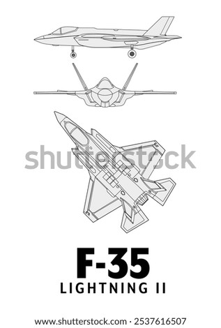 Detailed line drawing of an F-35 Lightning II fighter jet. The jet is depicted in three different views: from the front, from above, and from the side