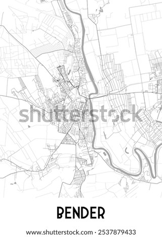 Map of Bender, a city located on the Dniester River. The map showcases the city's street network, including major roads and smaller streets, as well as the winding river that flows through it. 