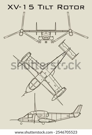 line drawing of a XV-15 Tilt Rotor aircraft, showcasing three different perspectives. The top view shows the plane from above, highlighting its long, straight wings and multiple engines.