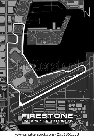 A black and white schematic map depicts the Firestone Grand Prix of St. Petersburg race track. The track is outlined in white and winds through a city setting.