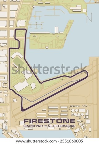 A map depicts the Firestone Grand Prix of St. Petersburg race track. The track is outlined in white and winds through a city setting.