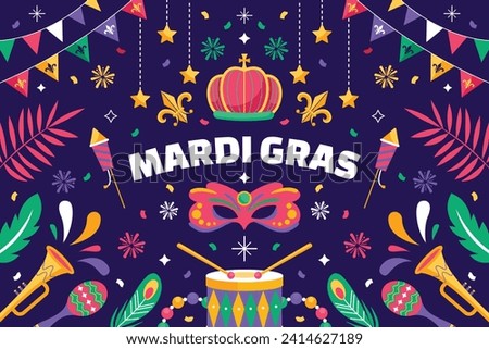 Happy Mardi Gras festival background. Mardi Gras carnival celebration. Cartoon Vector illustration design Template for Poster, Banner, Flyer, Greeting, Card, Post, Cover, Invitation. Mardi Gras parade